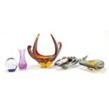 Colourful glassware including Murano fish and a red glass centrepiece, the largest 23cm high :For