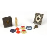 Antique and later miscellaneous items including carved ivory needle case, four Art Deco Bakelite