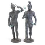 Large pair of Antique lead Roman gladiators, the largest 49cm high :For Further Condition Reports