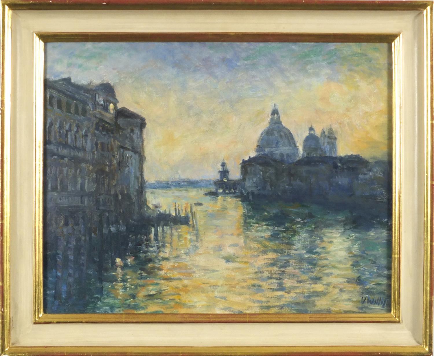 V Willis - La Salute, evening light, Venice, oil on canvas, details verso, framed, 44.5cm x 34. - Image 2 of 5