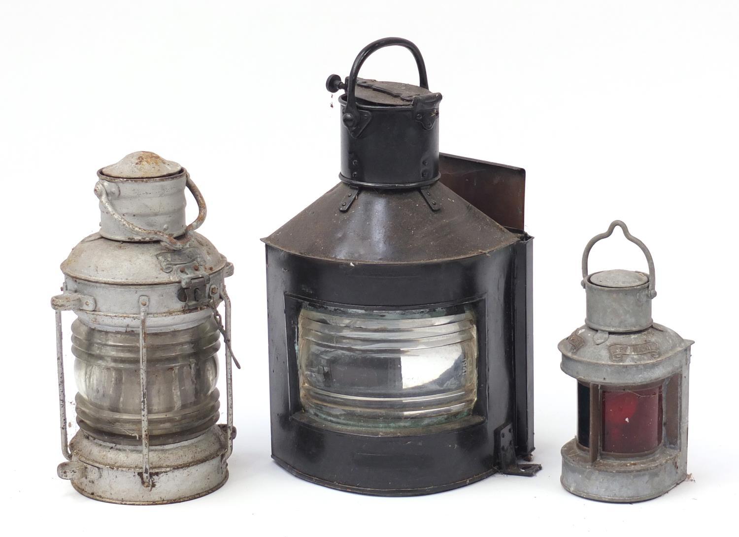 Three ship's mast head lanterns including starboard and port, one with Birmingham Engineering