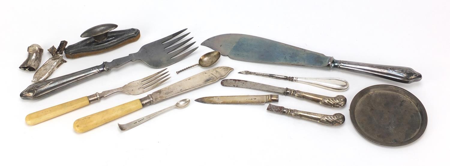 Silver and white metal objects including cutlery with silver handles :For Further Condition