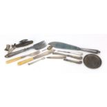Silver and white metal objects including cutlery with silver handles :For Further Condition
