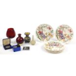 China, glassware and commemorative crowns including a Mdina style vase and set of six Wedgwood