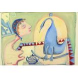After Paul Klee - Abstract composition, surreal figure and animal, mixed media on card, framed, 35cm