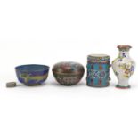 Chinese Cloisonne enamel including a cylindrical pot with an inset jade panel and box and cover
