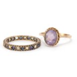 9ct gold amethyst ring, size P and 9ct gold blue and clear stone eternity ring, size Q, 4.6g :For