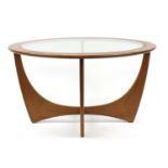 Circular G-Plan E Gomme coffee table with glass top, 45cm high x 84cm in diameter :For Further