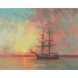 L Alexis - Ship before a sunset, oil on canvas, framed, 50cm x 40cm :For Further Condition Reports