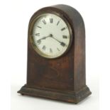 Edwardian inlaid oak dome topped mantel clock with enamel dial, 18.5cm high :For Further Condition