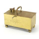 Georgian brass tavern tobacco honesty box, engraved T Linnell Dolphin Hotel, 18cm H x 24cm W x 11.