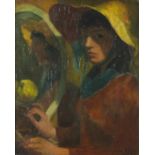 Manner of David Alison - Female beside a mirror, oil on board, framed 49cm x 39cm :For Further
