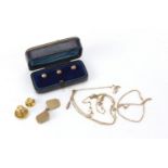 9ct gold jewellery including boxed set of three studs, cufflinks and necklaces 7.6g, and 18ct gold