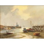 Don Micklethwaite - Moored Boats in a Harbour, oil on canvas, details verso, mounted and framed,