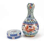 Chinese Doucai porcelain garlic neck vase and box with cover, hand painted with ducks and flowers,