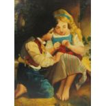 Two young children knitting, Italian school oil on board, framed, 55.5cm x 40cm :For Further