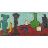 After Claude Venard - Abstract composition, still life objects, oil impasto, framed, 80cm x 39cm :