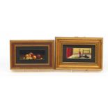 Pauline Smith - Still life fruit, pair of miniature oil on canvas boards, mounted and framed, 12.5cm