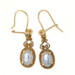 Pair of 9ct gold blue stone earrings, 3cm in length, 1.5g :For Further Condition Reports Please