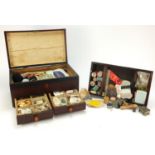 Sewing box with contents including silver thimble and cotton reels :For Further Condition Reports
