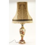 Victorian porcelain vase table lamp hand painted with a landscape, with shade, overall 92cm high :
