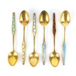 Set of six Danish 925S silver, gilt and enamel teaspoons, each 9.5cm in length, 43.2g :For Further
