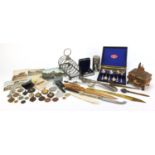 Objects including motorcycle sports jewels, silver handled sewing items, silver plate and a