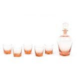 Art Deco peach glass decanter and five glasses, the decanter 25cm high :For Further Condition