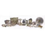 Mostly silver plate including snuffers on tray, silver napkin rings, silver topped glass sifter