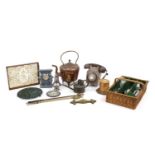 Metalwares including silver plated cutlery, Victorian copper teapot and a vintage dial telephone :