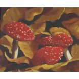 David Evans 1984 - Toadstools, signed oil on board, framed, 17.5cm x 15cm :For Further Condition