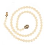 Single string pearl necklace with 9ct gold clasp, housed in a G Cornell & Sons Ltd box, 54cm in