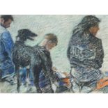 Family group of figures with a greyhound, 20th century pastel, mounted and framed, 37cm x 27cm :
