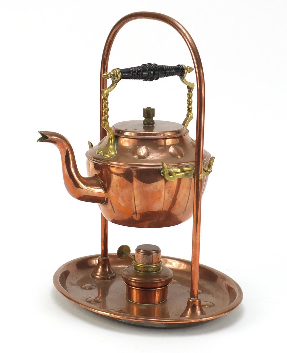 Henry Loveridge Arts & Crafts copper and brass teapot on stand with burner, 37cm high :For Further