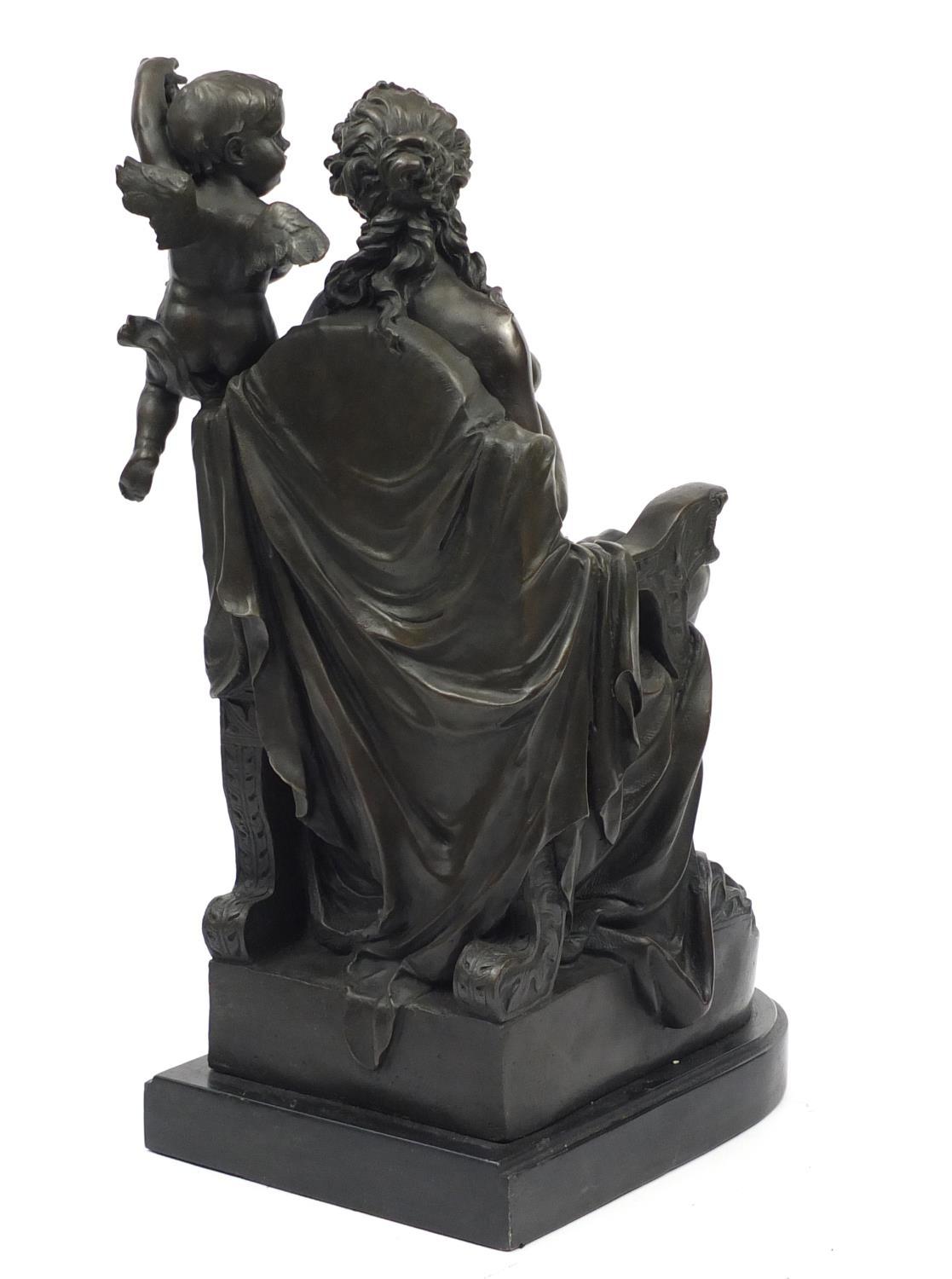 Large patinated bronze sculpture of a nude female in a throne with putti holding a mirror, raised on - Image 3 of 4