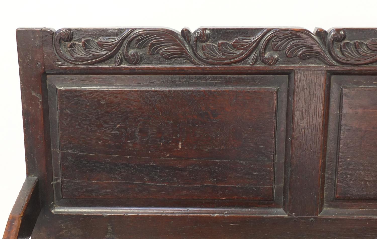 Antique oak hall bench carved with foliage, 101cm H x 182cm W x 66cm D :For Further Condition - Image 3 of 5