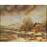 P Harris - Dutch snowy landscapes, pair of oil on boards, framed, each 24.5cm x 19.5cm :For