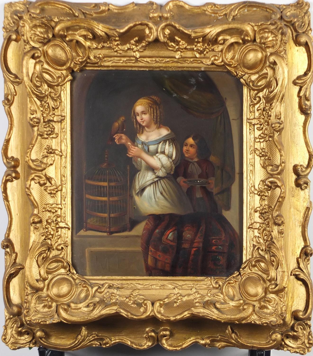 Two children feeding a parrot, antique oil on copper panel, framed, 23cm x 15.5cm :For Further - Image 2 of 4