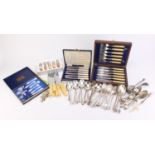 Mostly silver plated cutlery including a set of six fish knives and forks housed in an oak