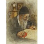 Elderley Hebrew scribe, ink and watercolour, bearing an indistinct signature, mounted and framed,