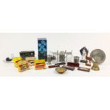 Miscellaneous items including pewter goblets, a beerstein, boxed die cast vehicles, pens and a brass