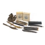 Objects including military interest trench art, letter openers, cut throat razors and playing