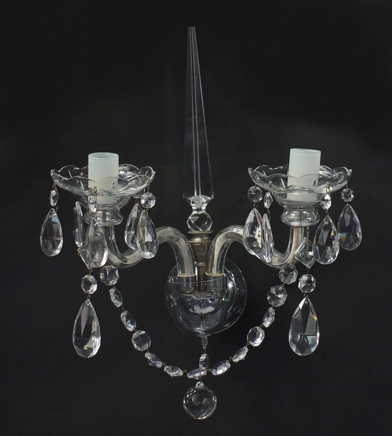 Good pair of crystal two branch wall sconces, possibly Waterford, 40cm high :For Further Condition - Image 3 of 3
