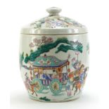 Chinese porcelain jar and cover, hand painted with birds of paradise and figures in a landscape,