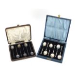 Two sets of six silver teaspoons and coffee bean spoons with fitted cases, Birmingham hallmarks, the
