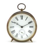 Brass travel alarm clock with enamel dial, 10cm in diameter :For Further Condition Reports Please