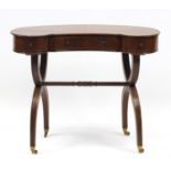 Edwardian inlaid mahogany kidney shaped side table with X shaped legs, 70cm H x 85cm W x 45cm D :For