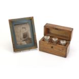 Japanese Chinoiserie photo frame and walnut box housing three glass bottles :For Further Condition