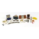 Objects including antique and later British coins, silver and enamel charms, silver earrings and