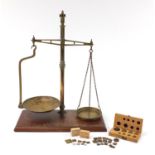 Set of vintage brass pan scales with weights, 51cm high :For Further Condition Reports Please